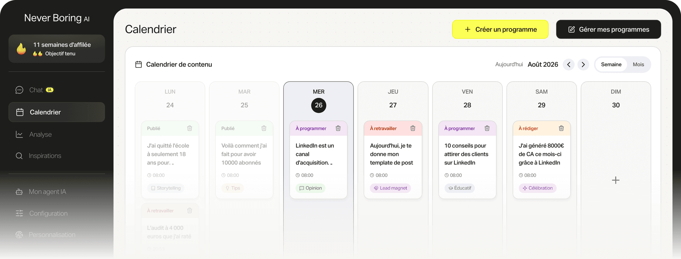 The Never Boring AI content calendar, with a week of scheduled posts