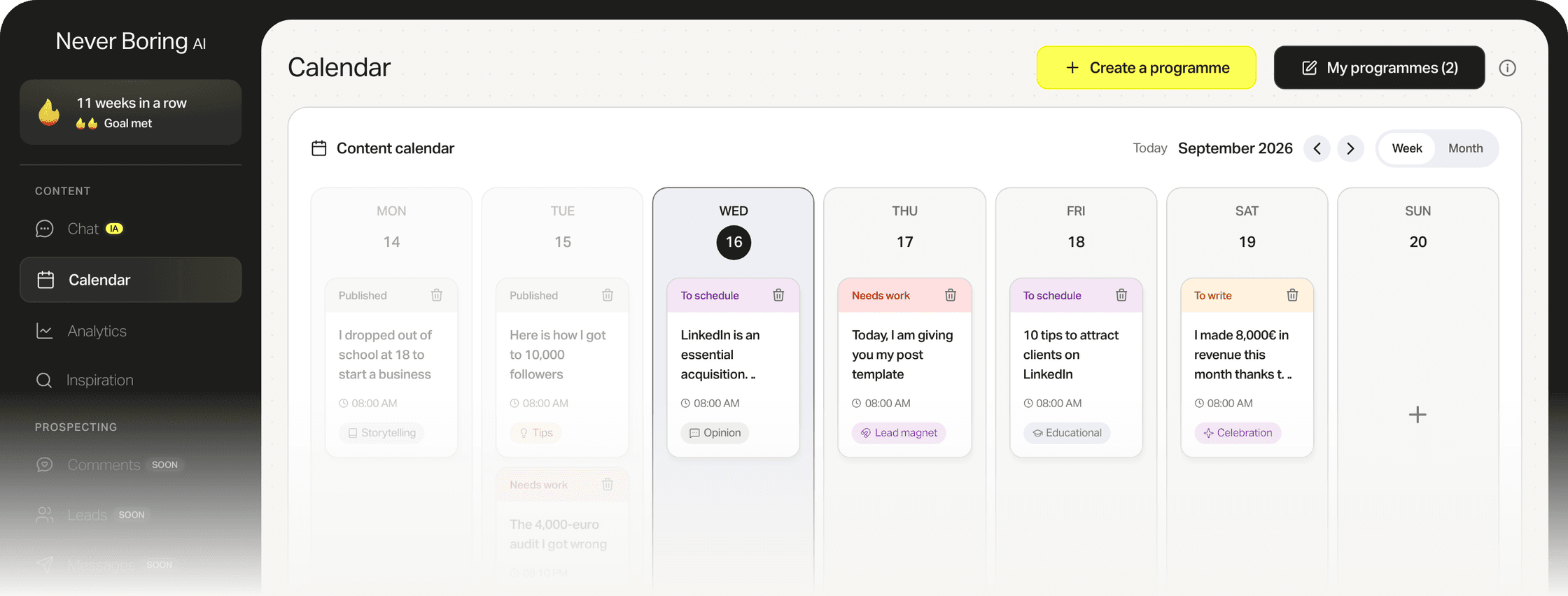 The Never Boring AI content calendar, with a week of scheduled posts