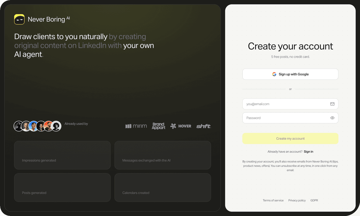 Never Boring AI sign-up screen