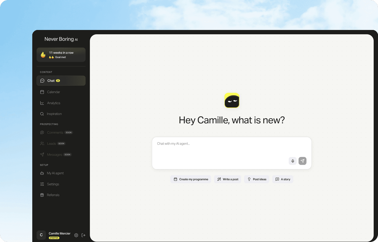 Never Boring AI chat agent: it drafts a LinkedIn post from a personal story.