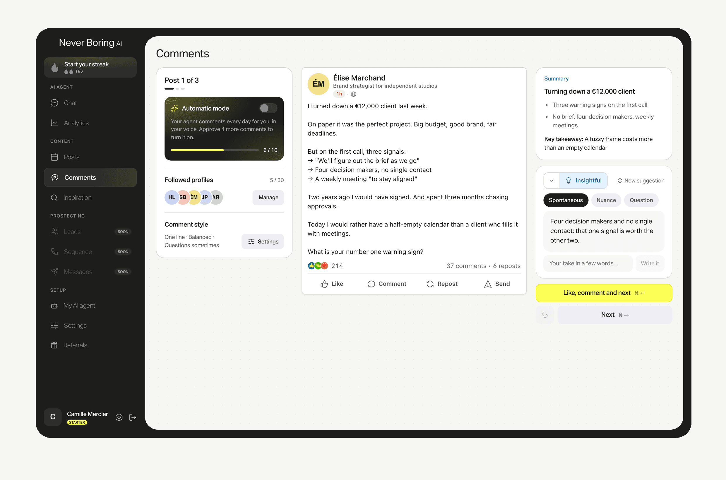 The Comments page: a followed profile's post, its summary and a suggested comment