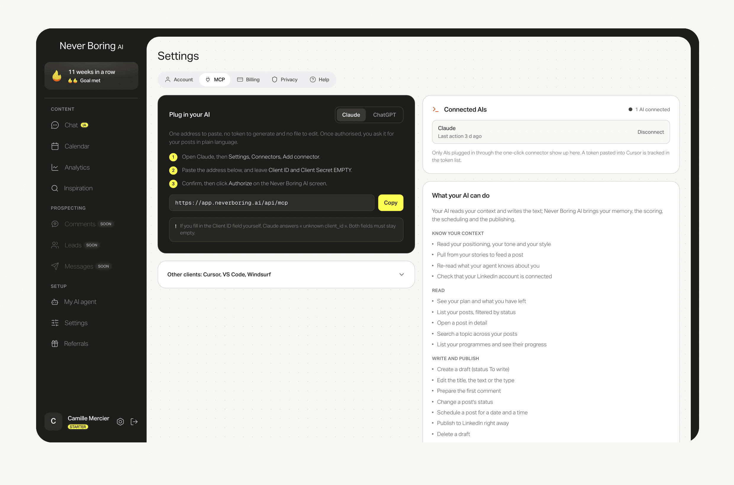 The MCP tab in settings: server address, connected AIs and available actions