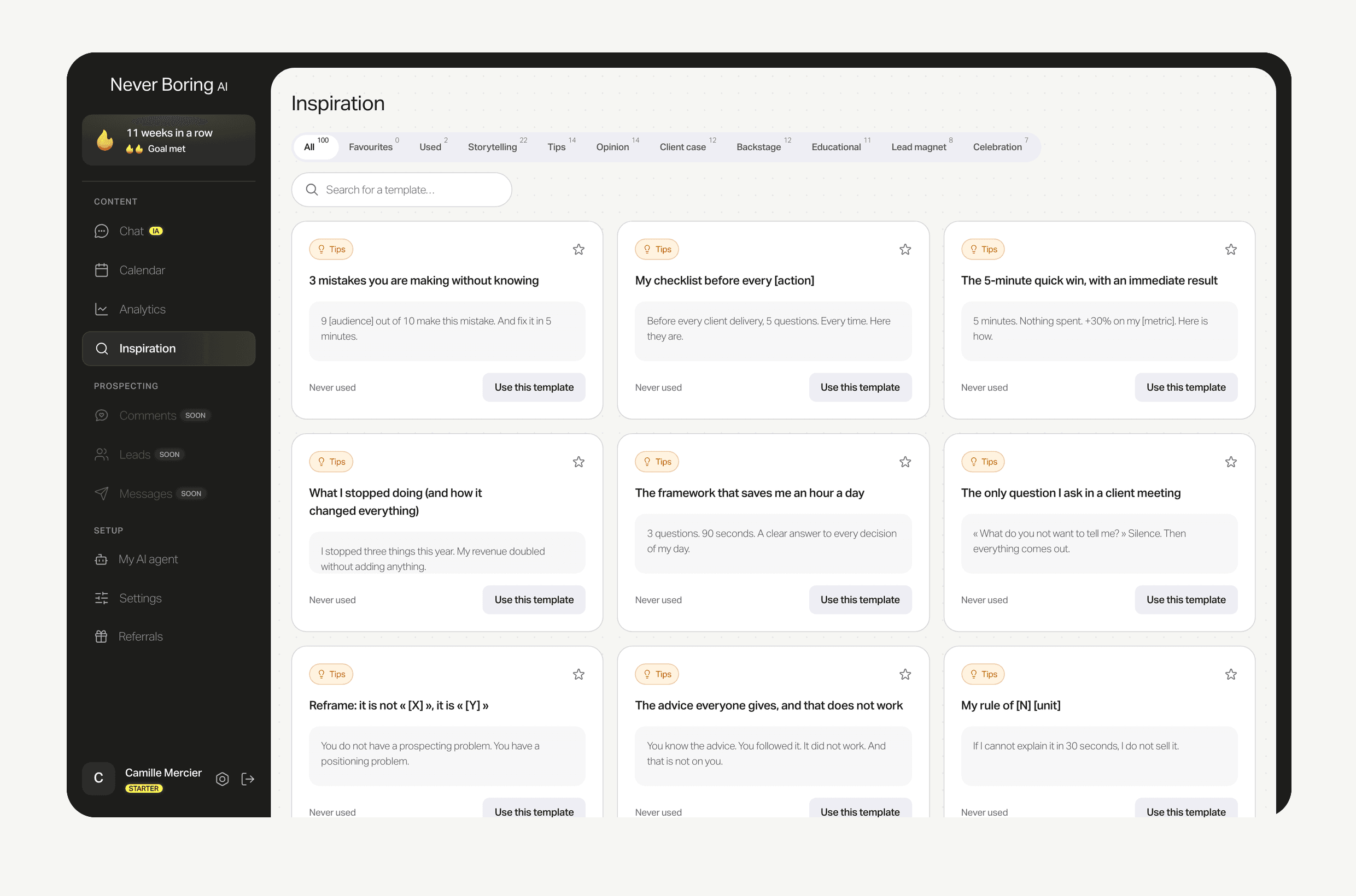 The Never Boring AI template library, filtered by post type
