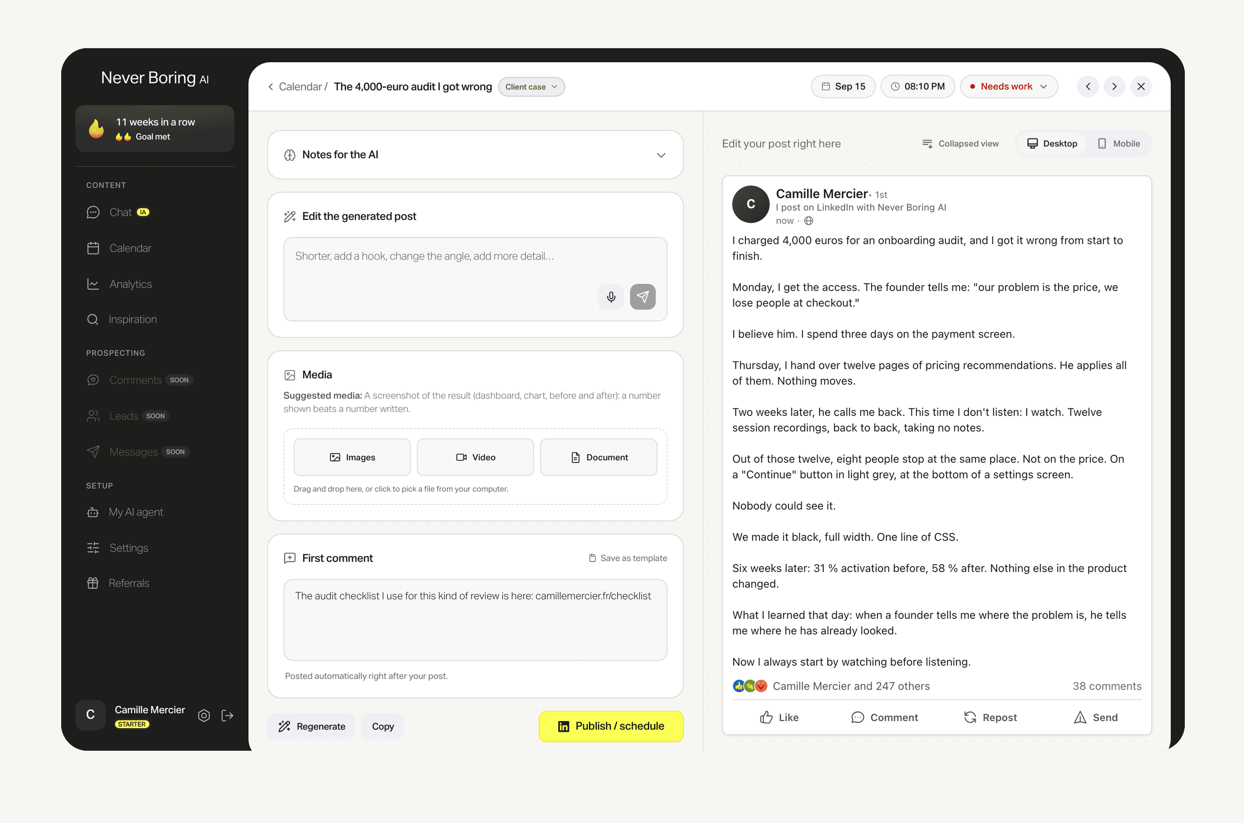 The Never Boring AI editor: a generated post on the left, its LinkedIn preview on the right