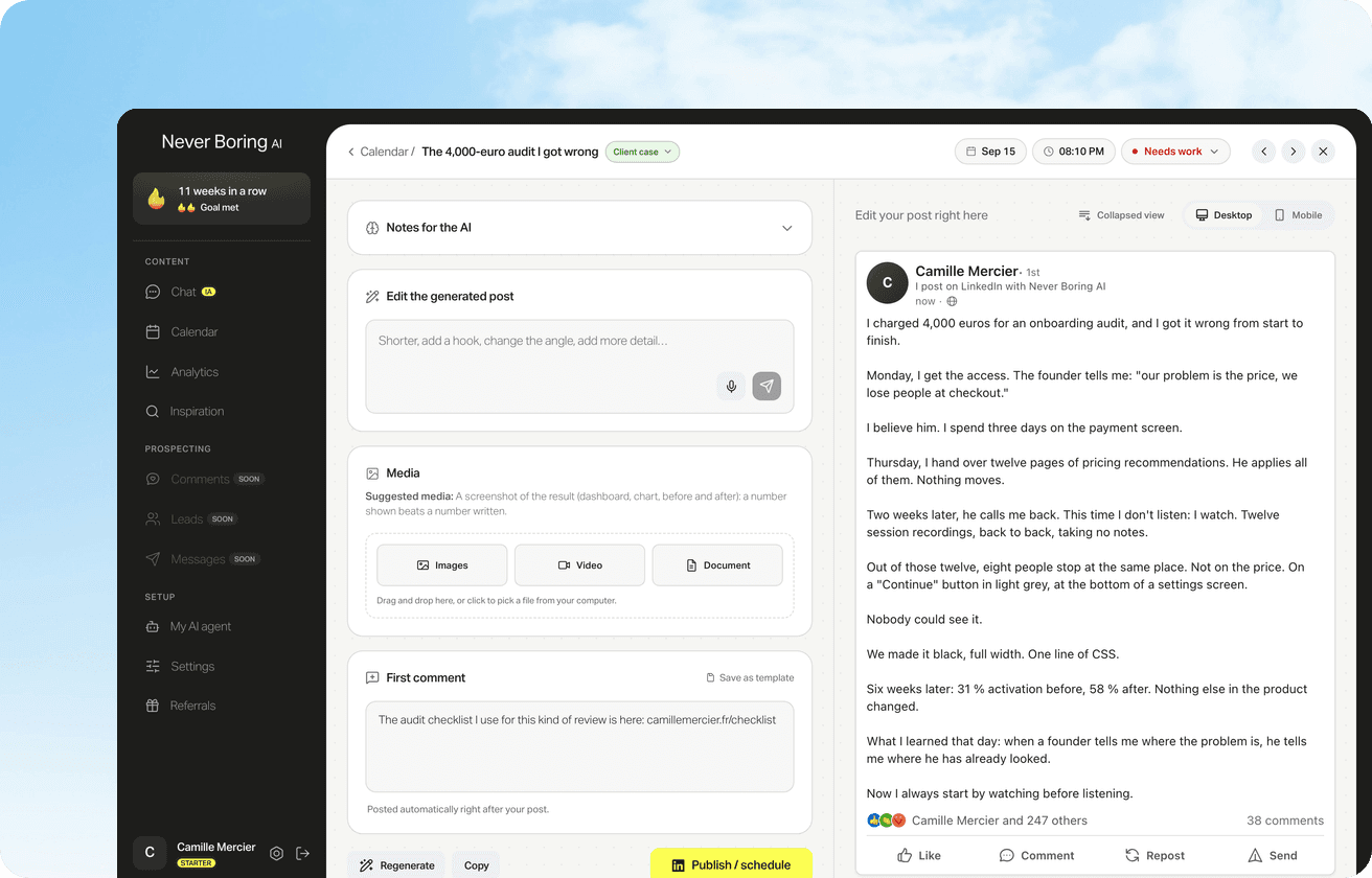 Never Boring AI post editor: the first line visible in the preview.