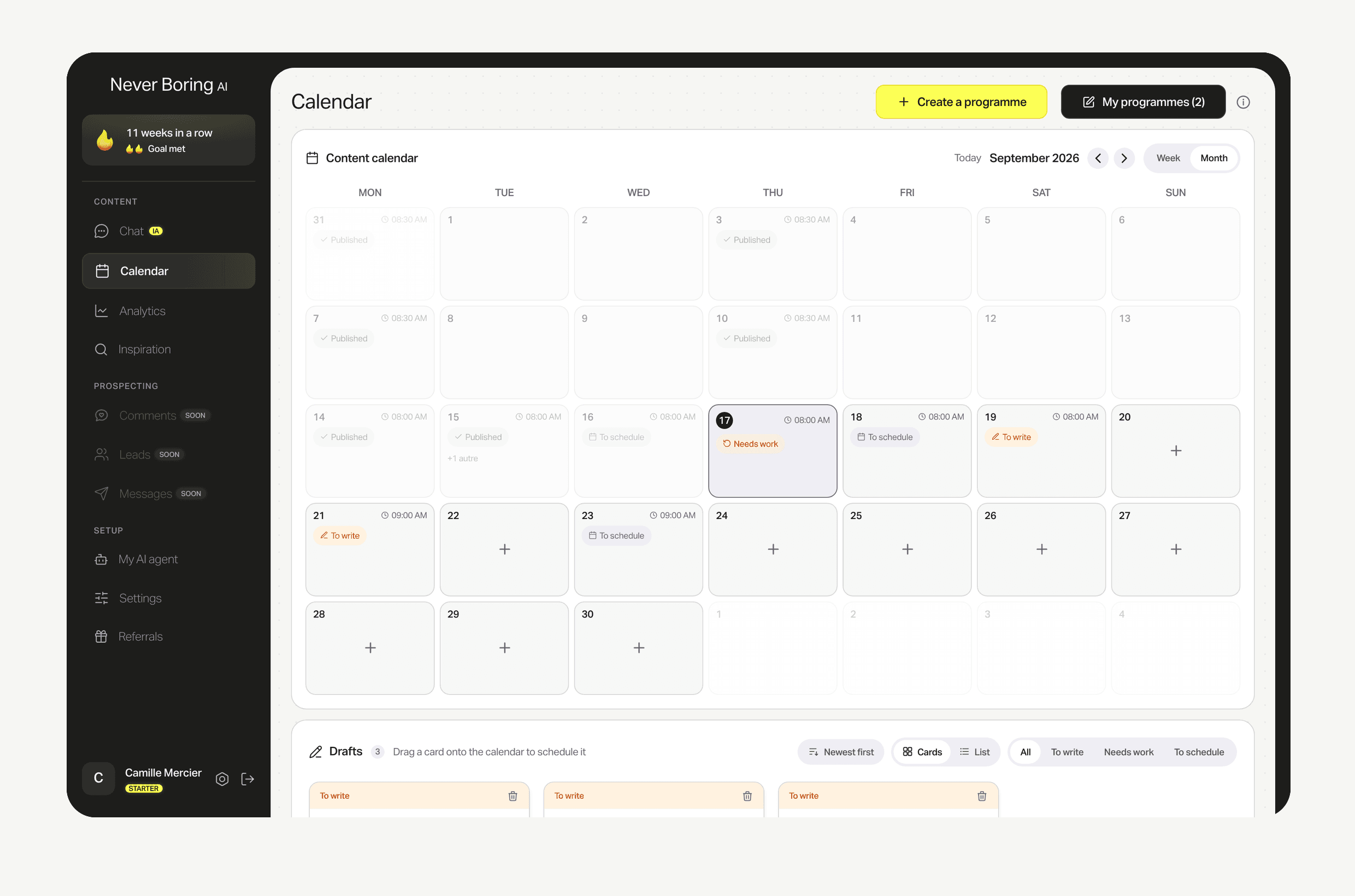 The Never Boring AI calendar in month view, with posts already published