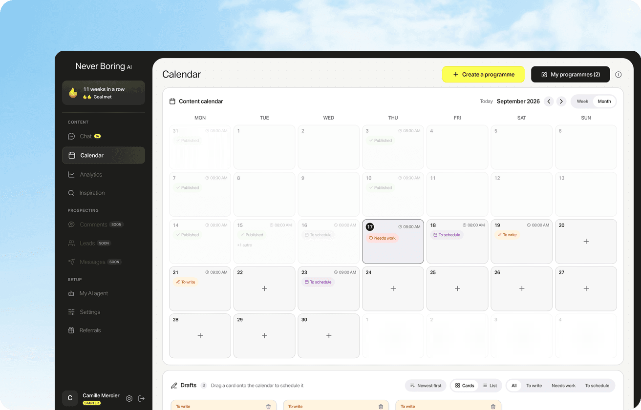 Never Boring AI's publishing calendar, showing a month of LinkedIn posts scheduled to go out automatically.