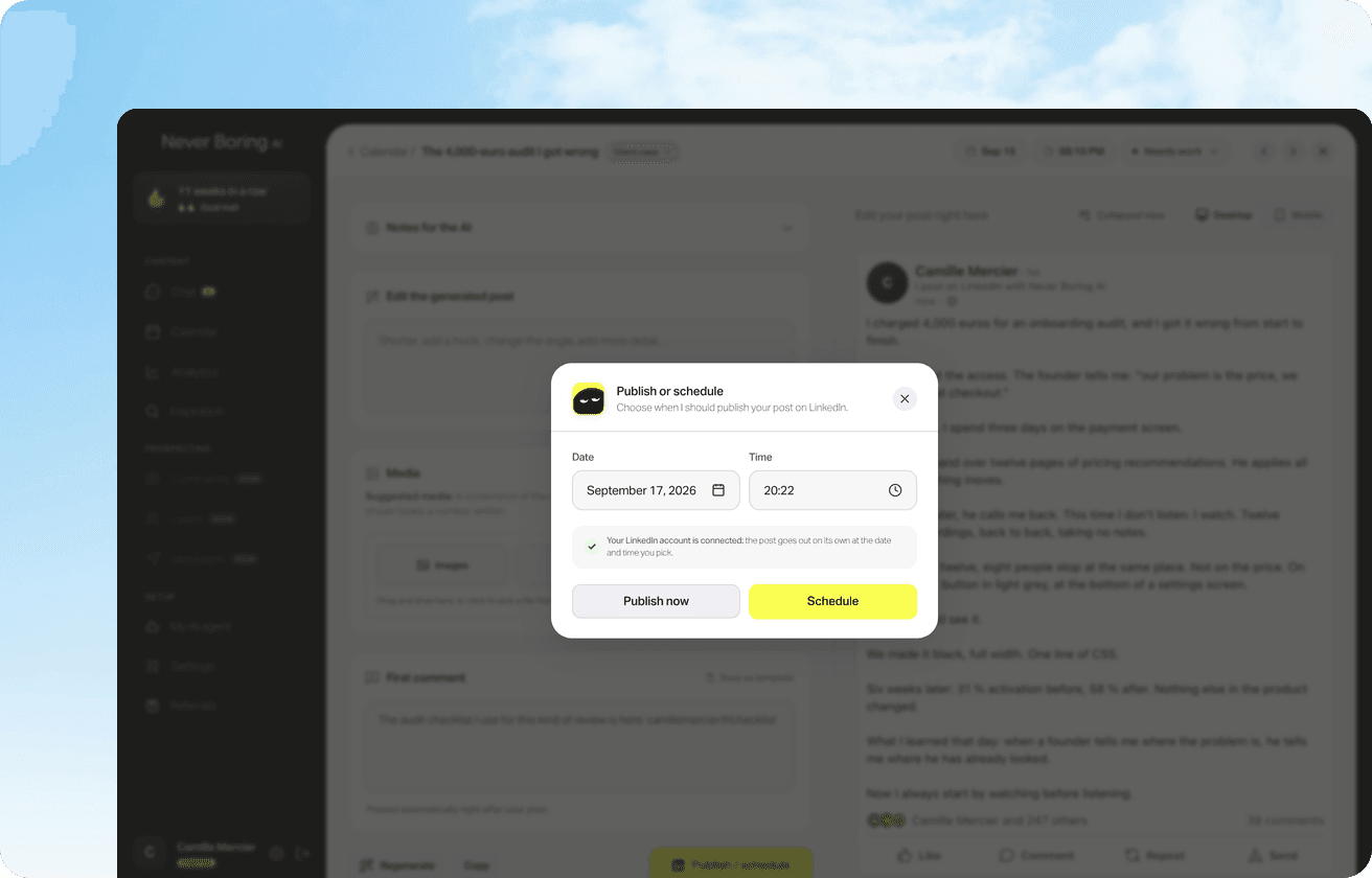 Never Boring AI's Publish or schedule window: date and time pickers, a connected LinkedIn account, and Publish now and Schedule buttons, on top of a post being written.