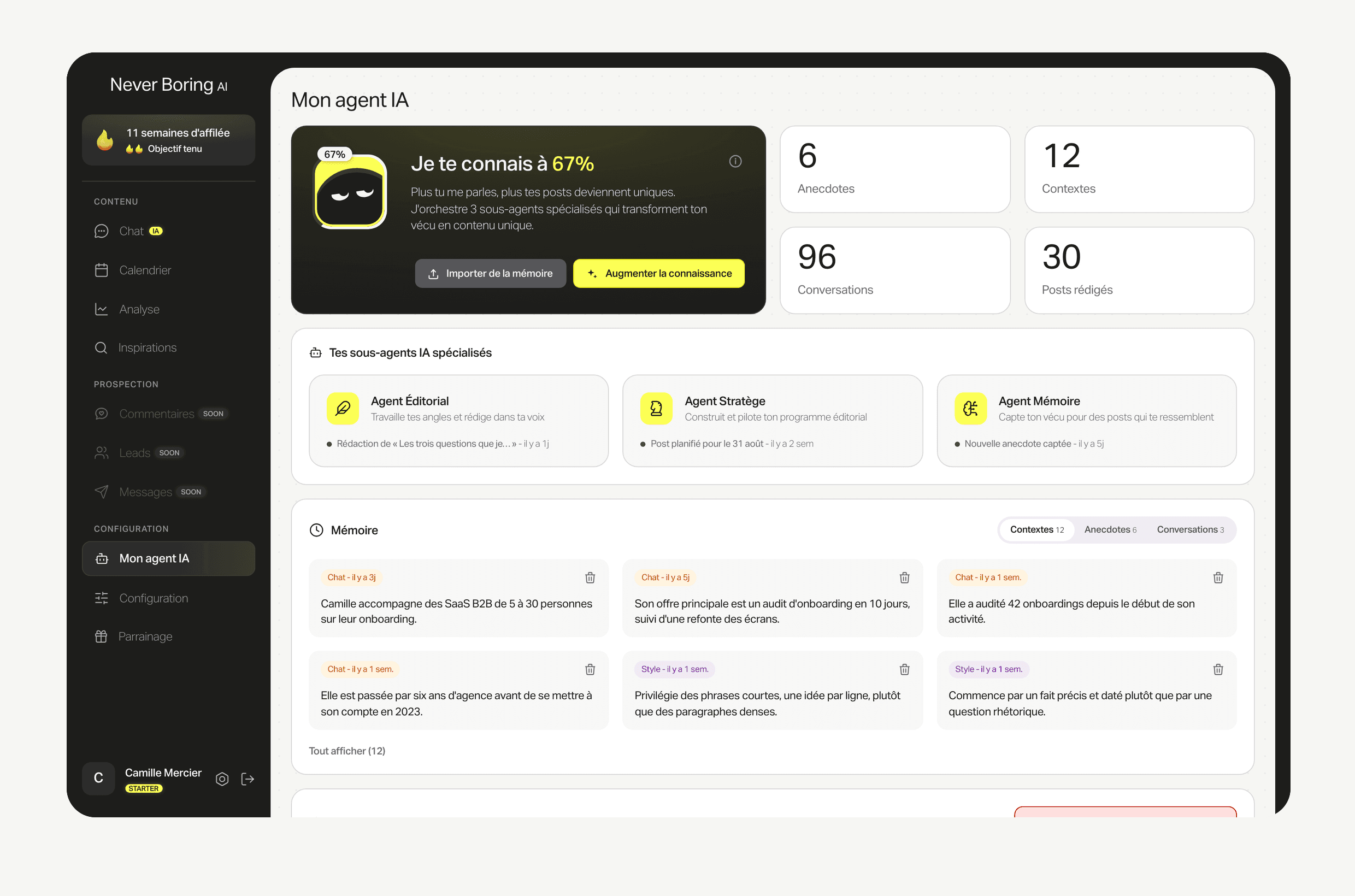 La page Mon agent IA : taux de connaissance, sous-agents et mémoire