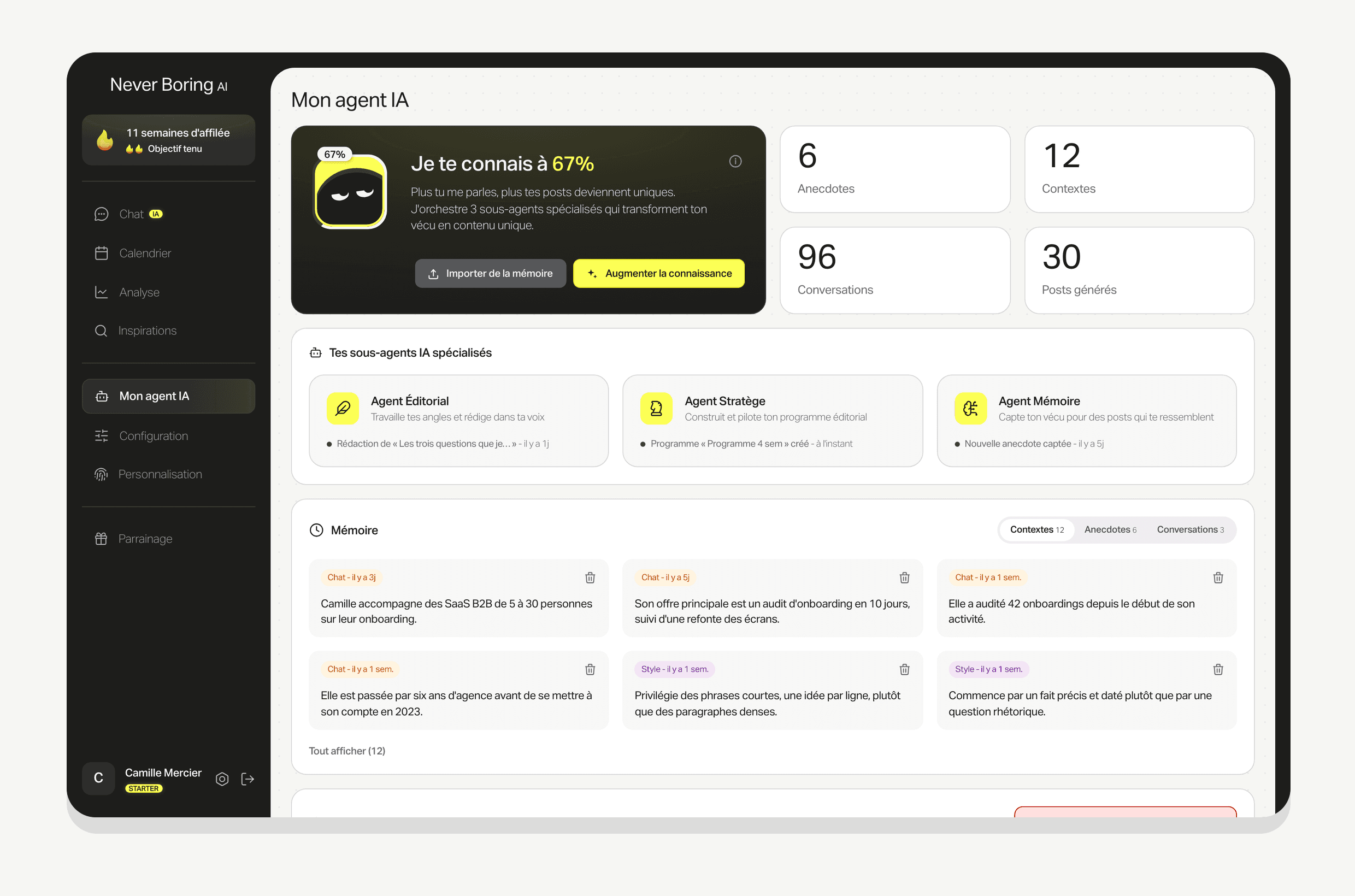 La page Mon agent IA : taux de connaissance, sous-agents et mémoire