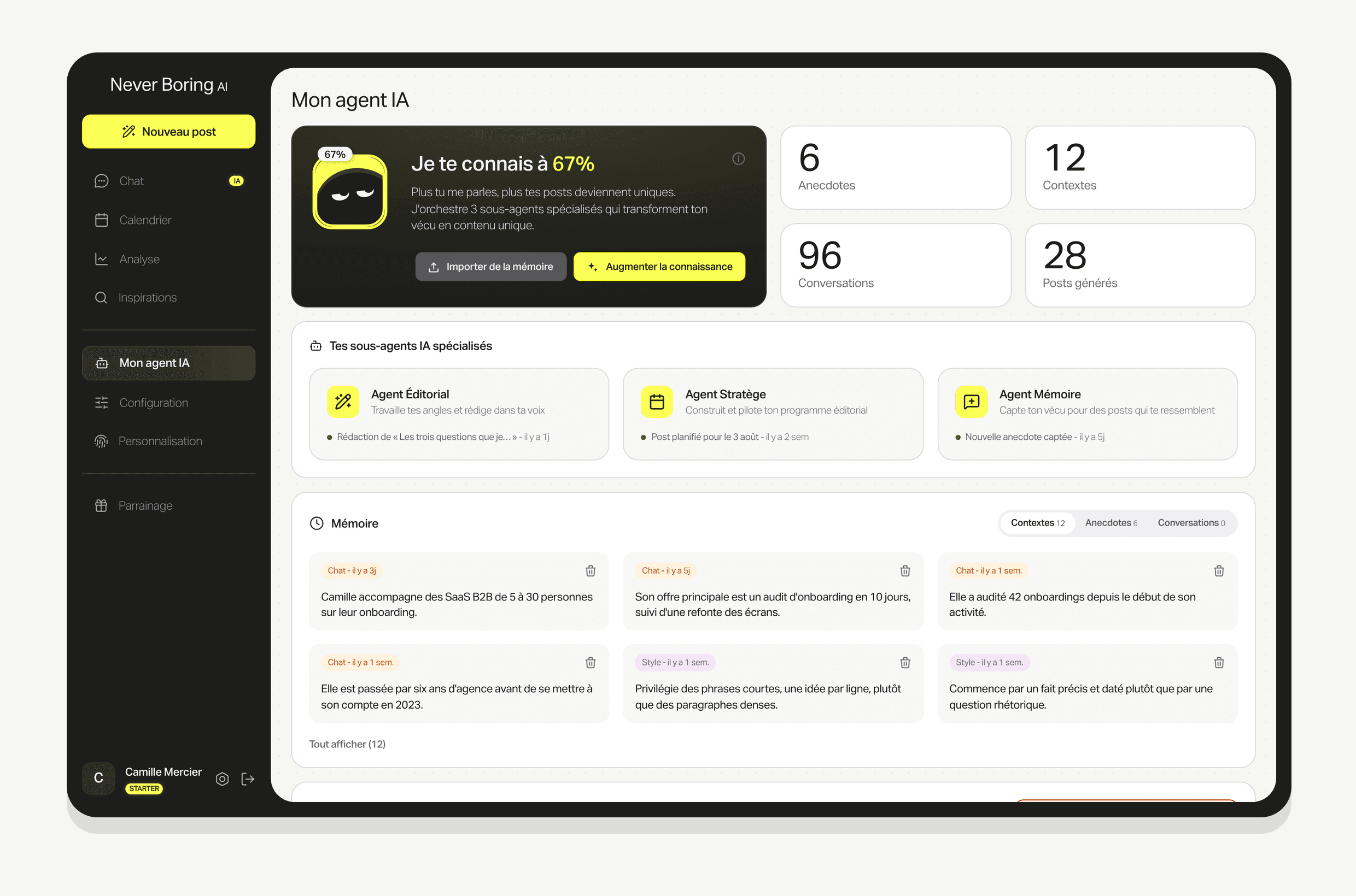 La page Mon agent IA : taux de connaissance, sous-agents et mémoire