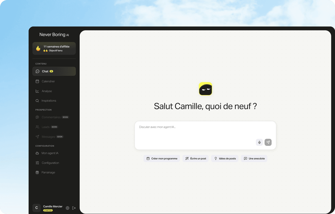 L'agent IA Never Boring AI en conversation : il propose un post LinkedIn à partir d'une anecdote.
