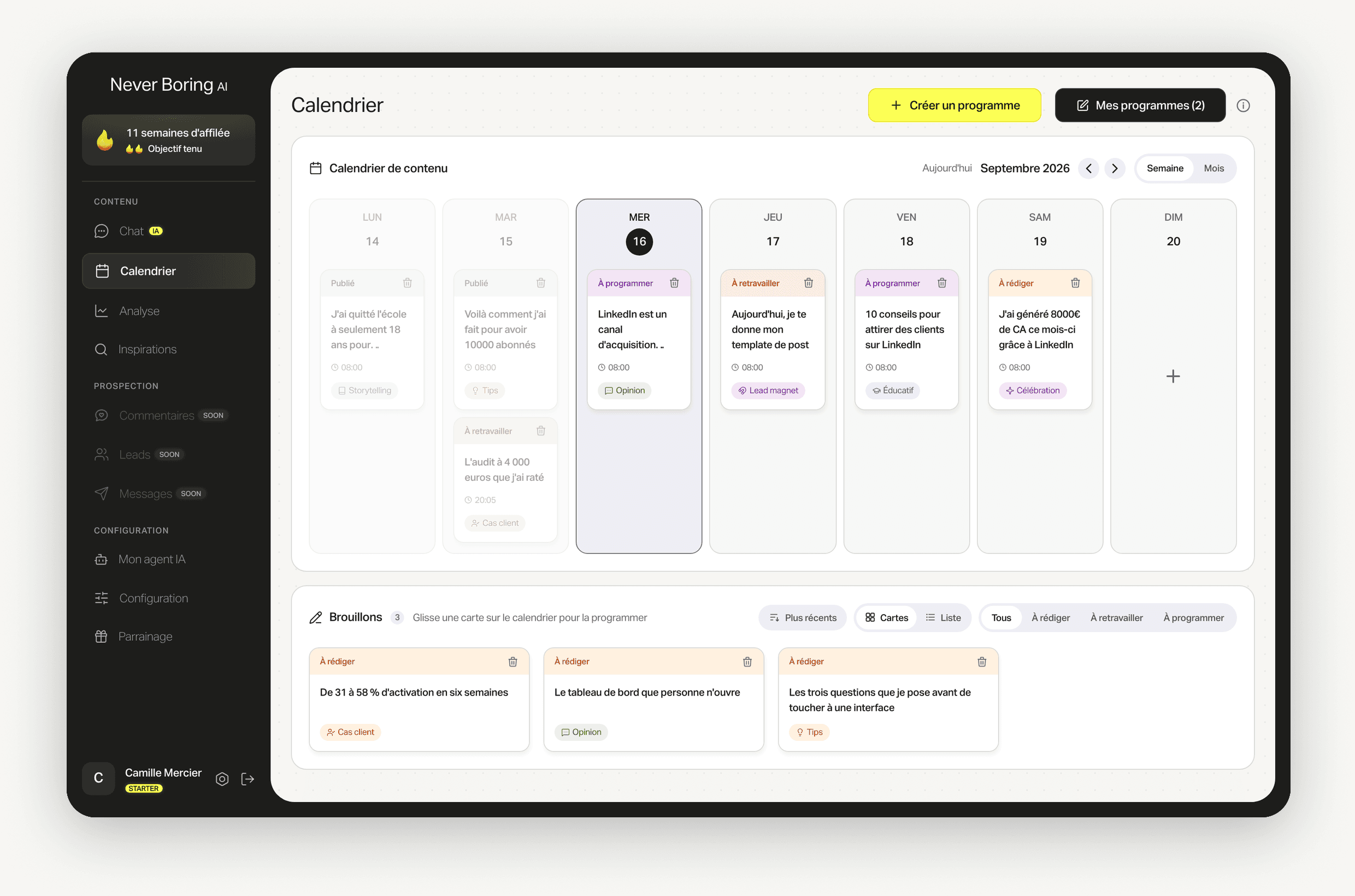 Le calendrier de Never Boring AI, une semaine de posts programmés