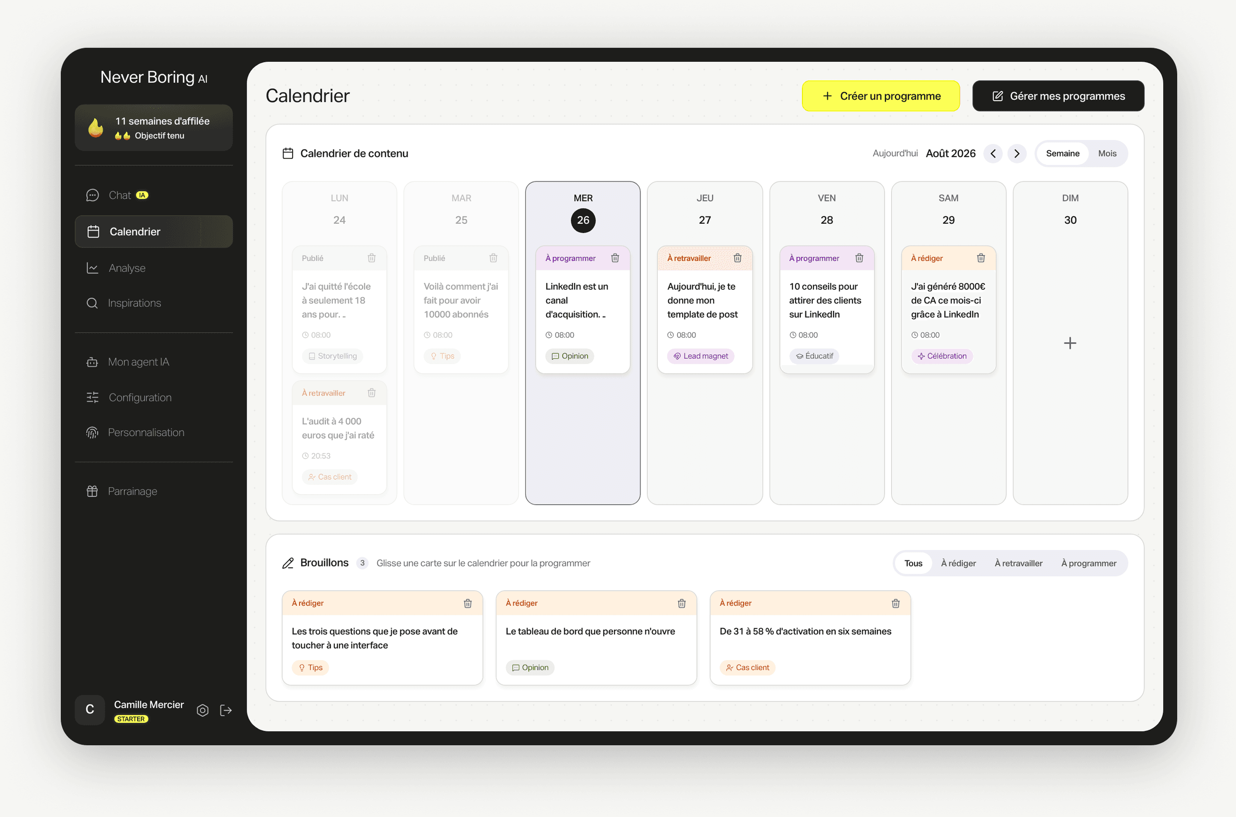 Le calendrier de Never Boring AI, une semaine de posts programmés