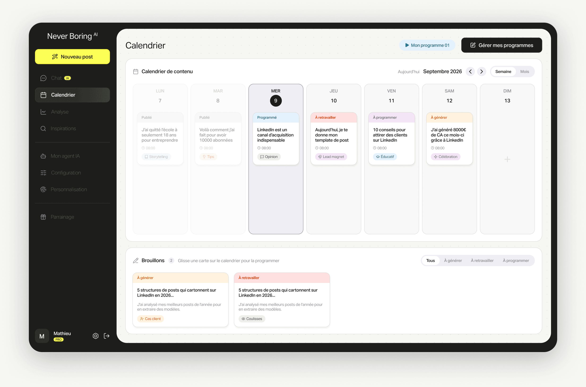 Le calendrier de Never Boring AI, une semaine de posts programmés