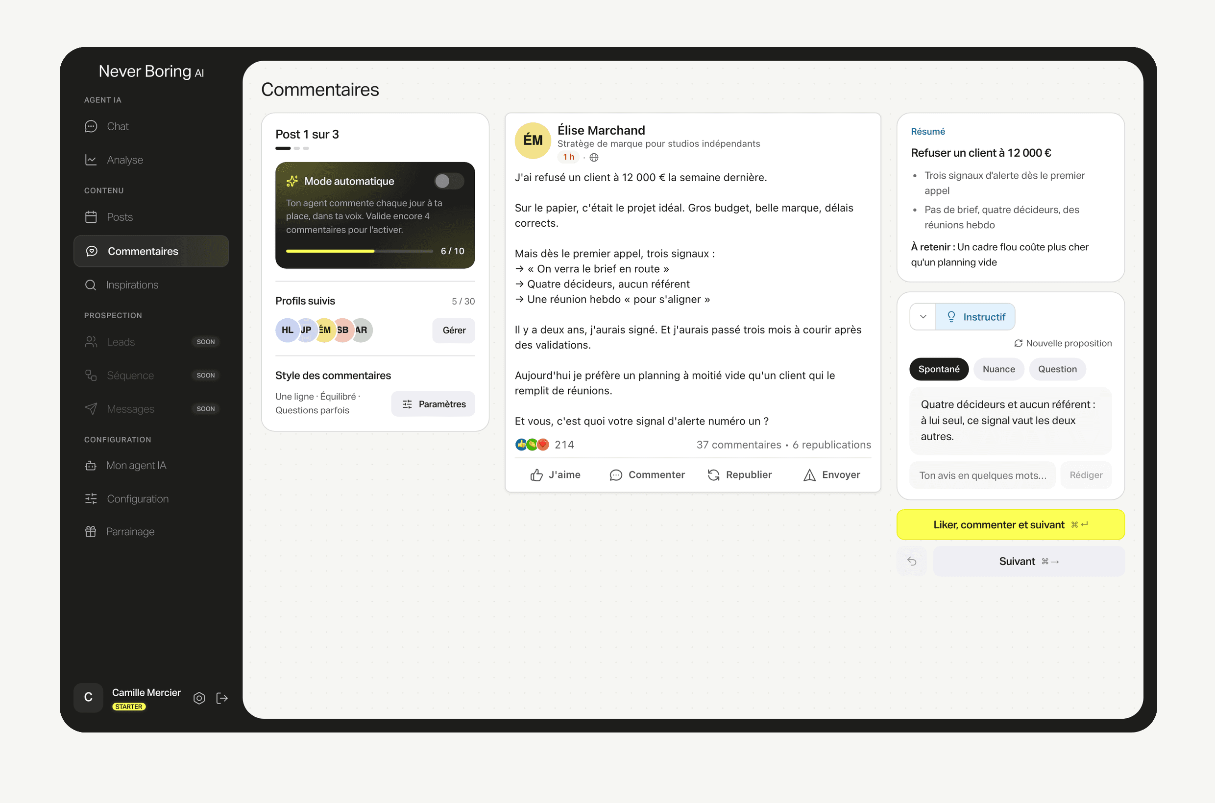 La page Commentaires : le post d'un profil suivi, son résumé et un commentaire proposé