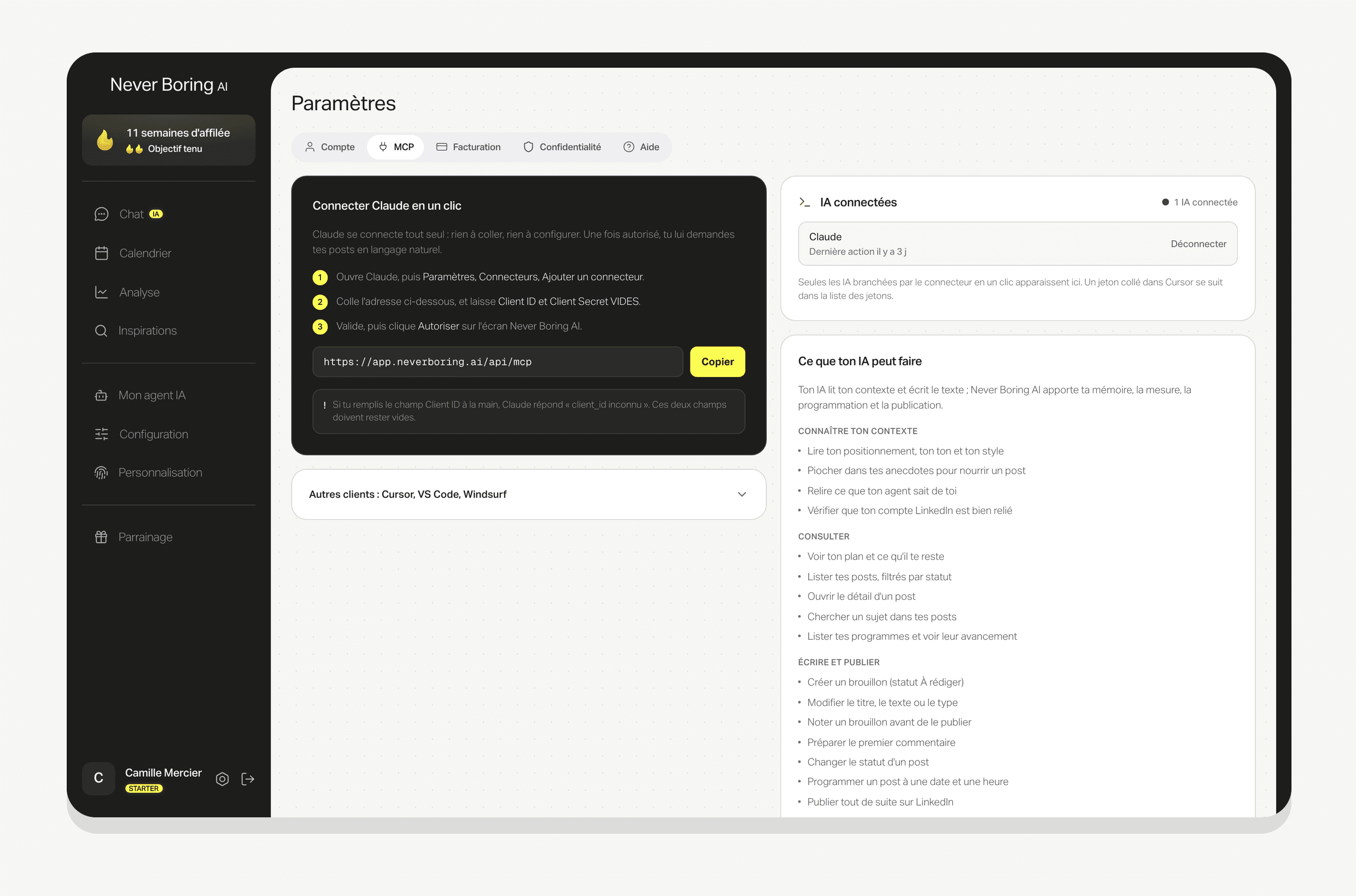 L'onglet MCP des paramètres : adresse du serveur, IA connectées et actions disponibles