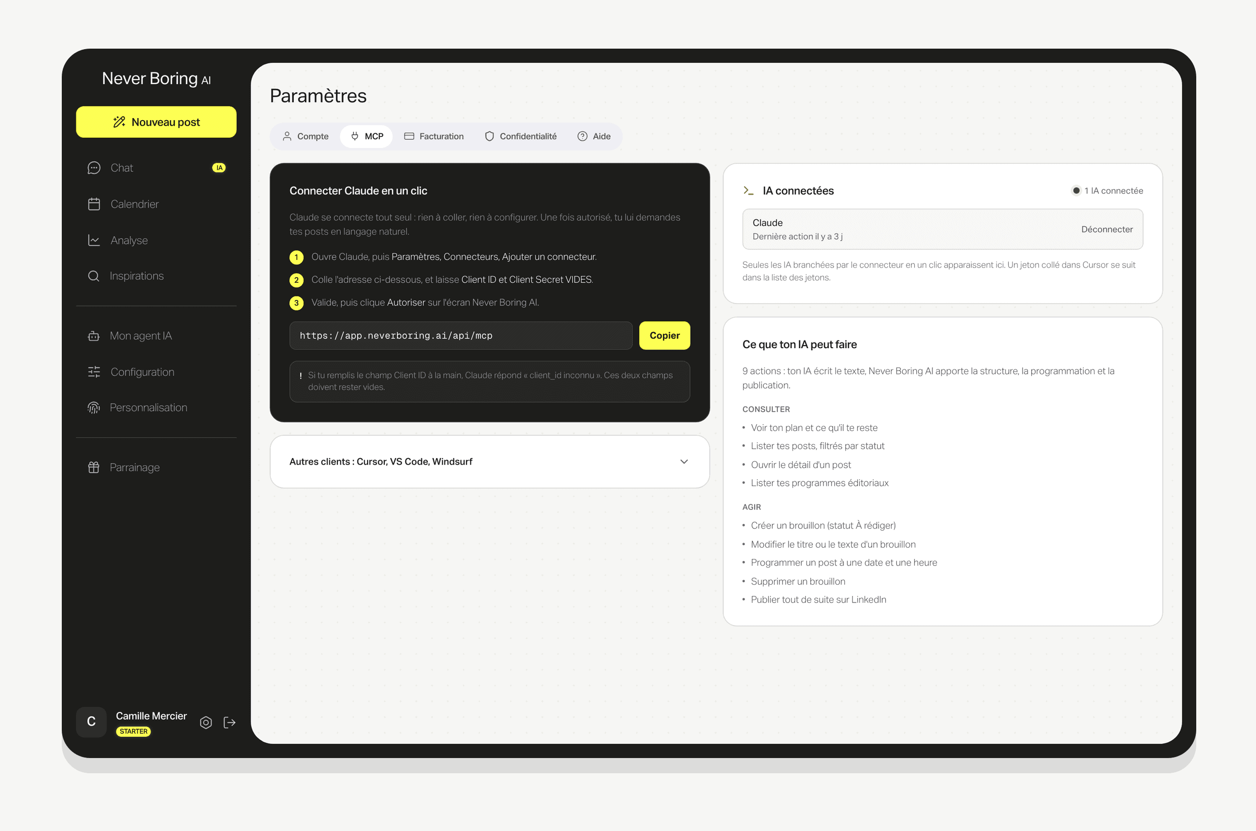 L'onglet MCP des paramètres : adresse du serveur, IA connectées et actions disponibles