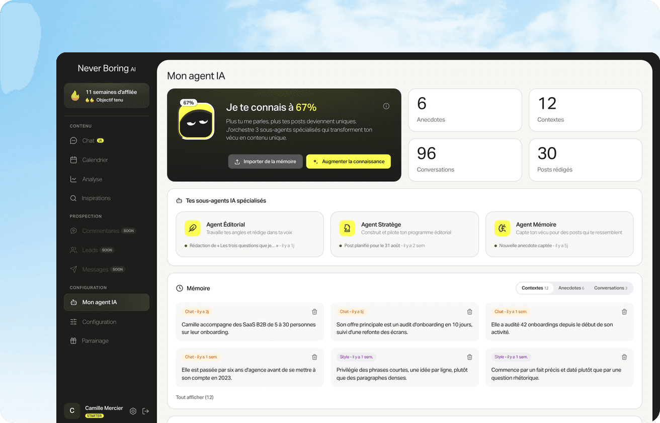 La mémoire de l'agent Never Boring AI : le métier, la cible et les histoires de l'utilisateur, rangés pour écrire ses posts.