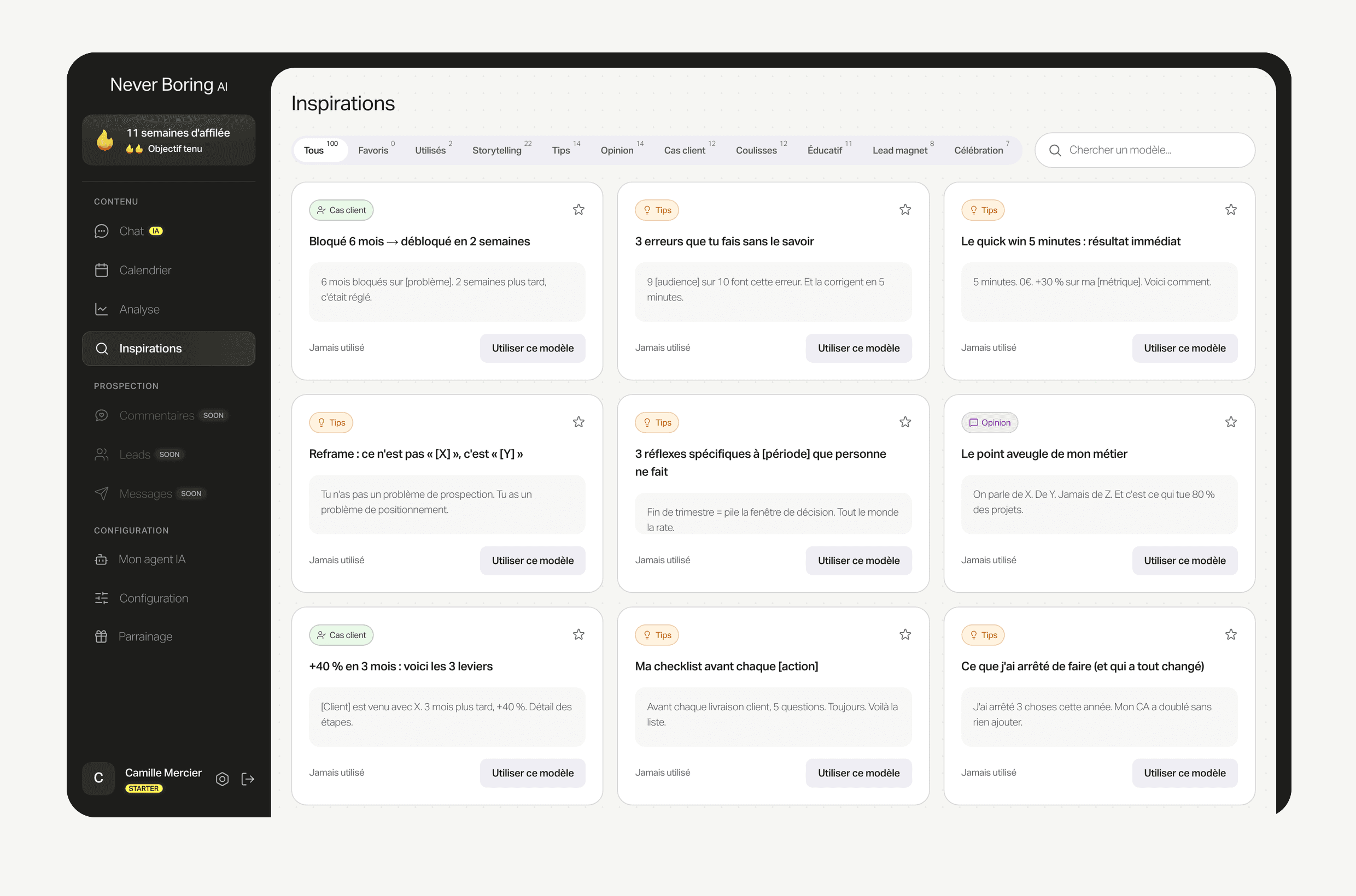 La bibliothèque de modèles de Never Boring AI, filtrée par type de post