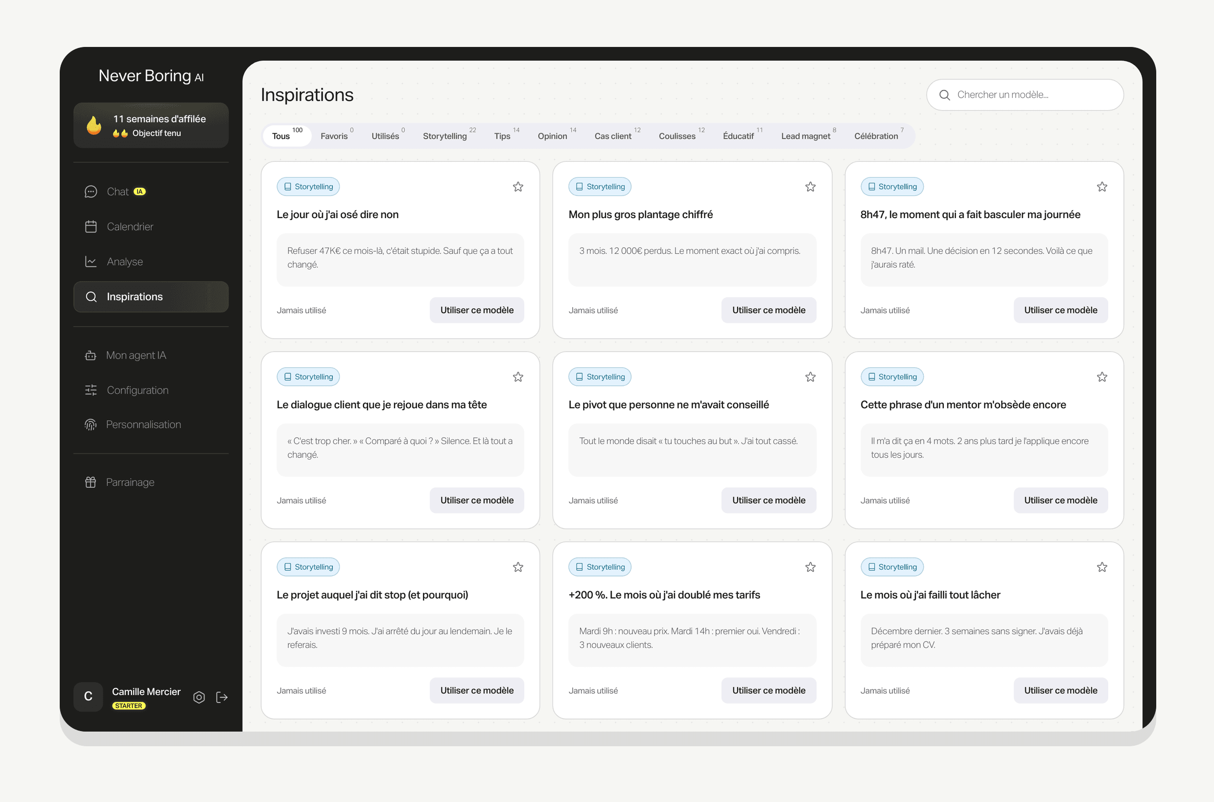 La bibliothèque de modèles de Never Boring AI, filtrée par type de post