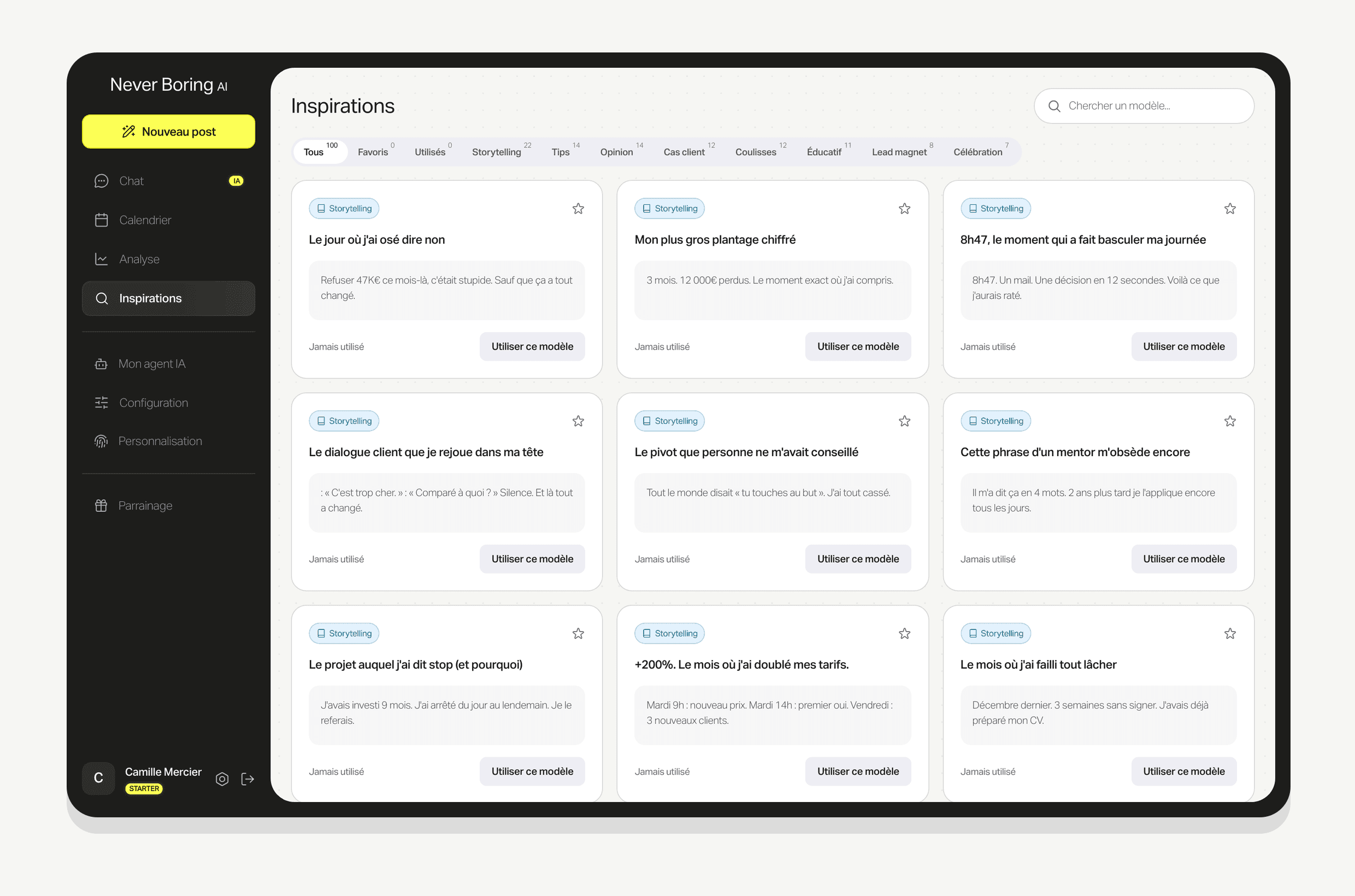La bibliothèque de modèles de Never Boring AI, filtrée par type de post