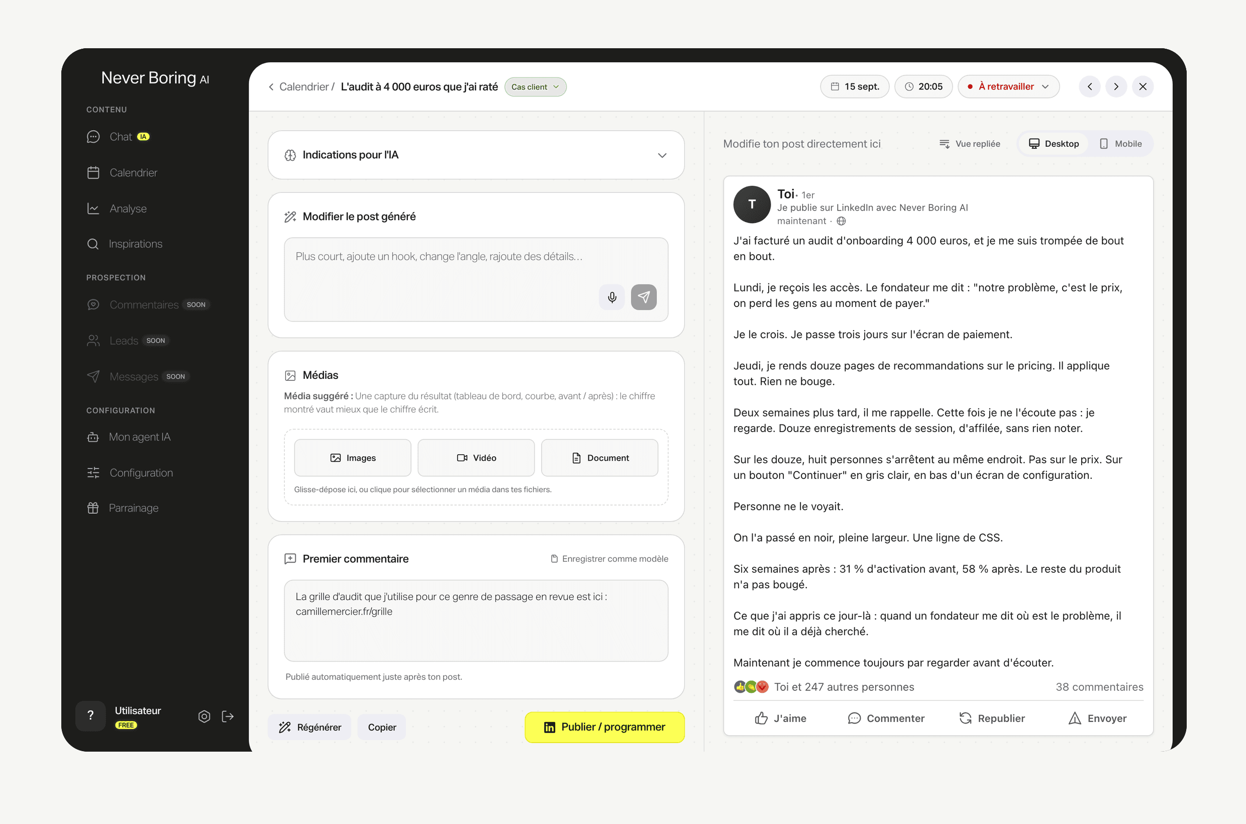 L'éditeur de Never Boring AI : un post généré à gauche, son aperçu LinkedIn à droite
