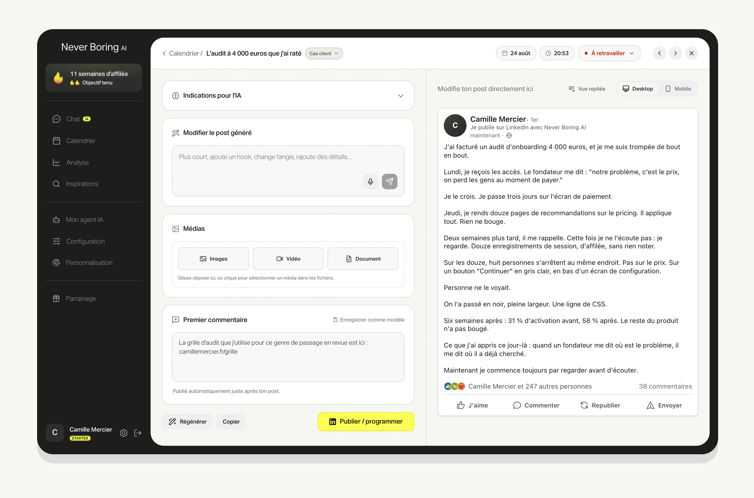 L'éditeur de Never Boring AI : un post généré à gauche, son aperçu LinkedIn à droite