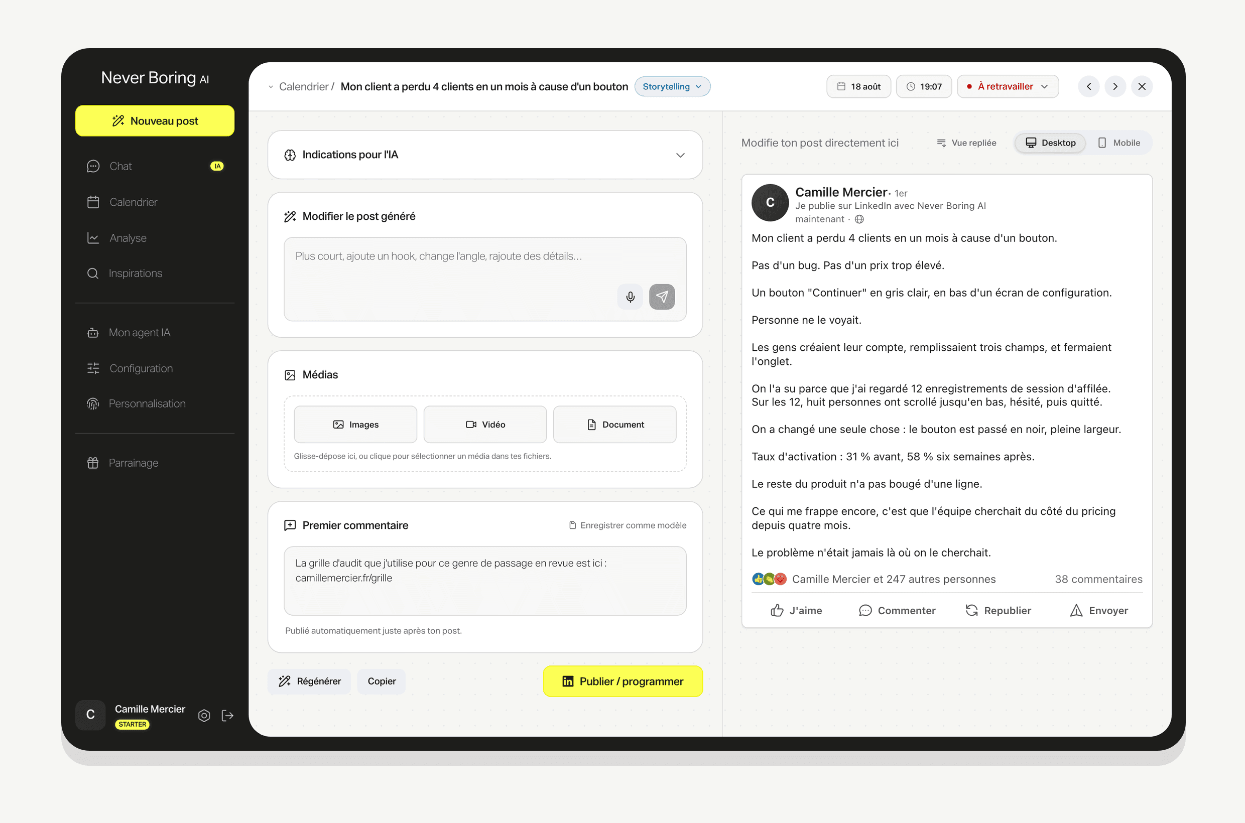 L'éditeur de Never Boring AI : un post généré à gauche, son aperçu LinkedIn à droite