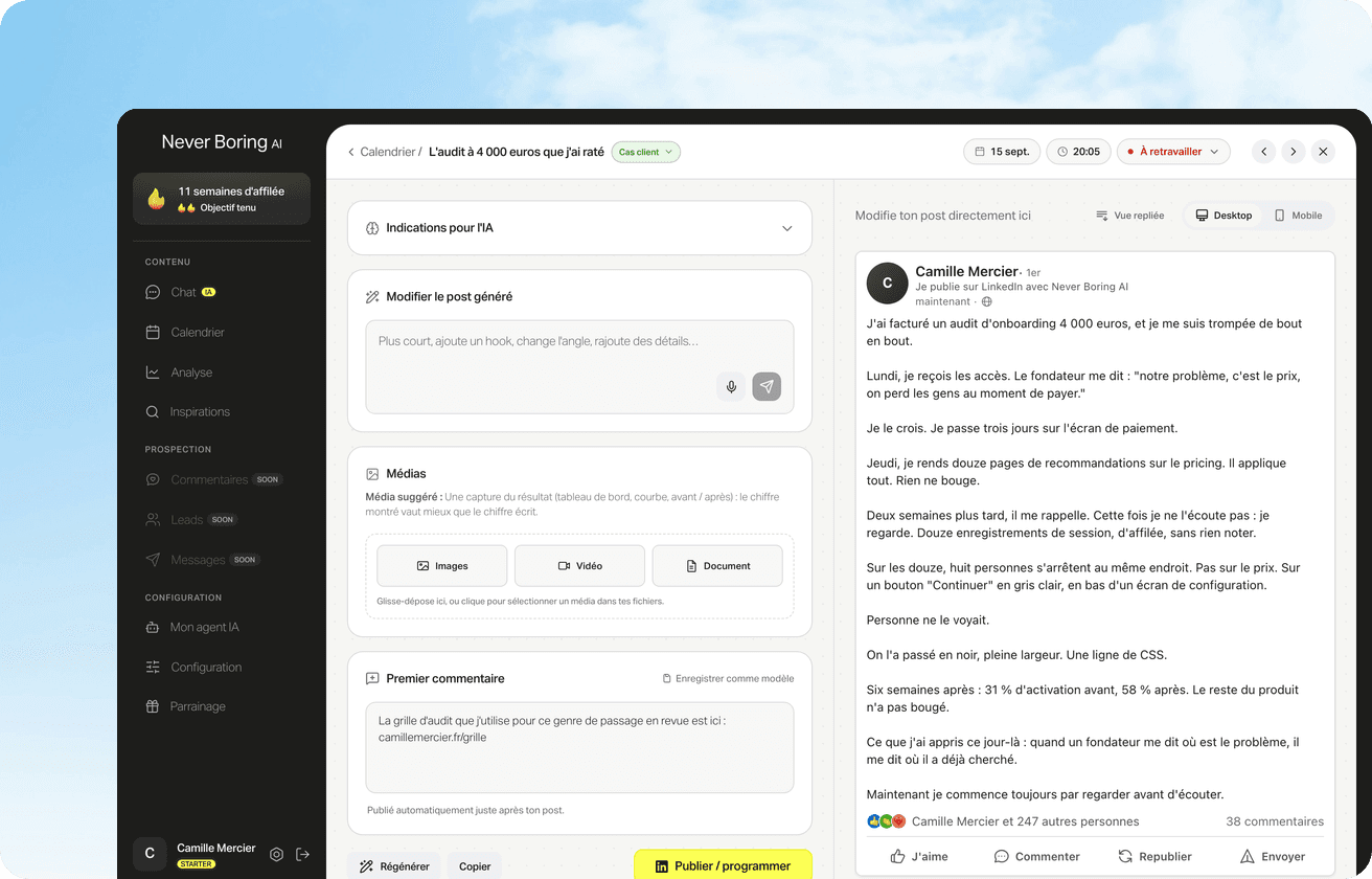 L'éditeur Never Boring AI : la première ligne du post visible dans l'aperçu.
