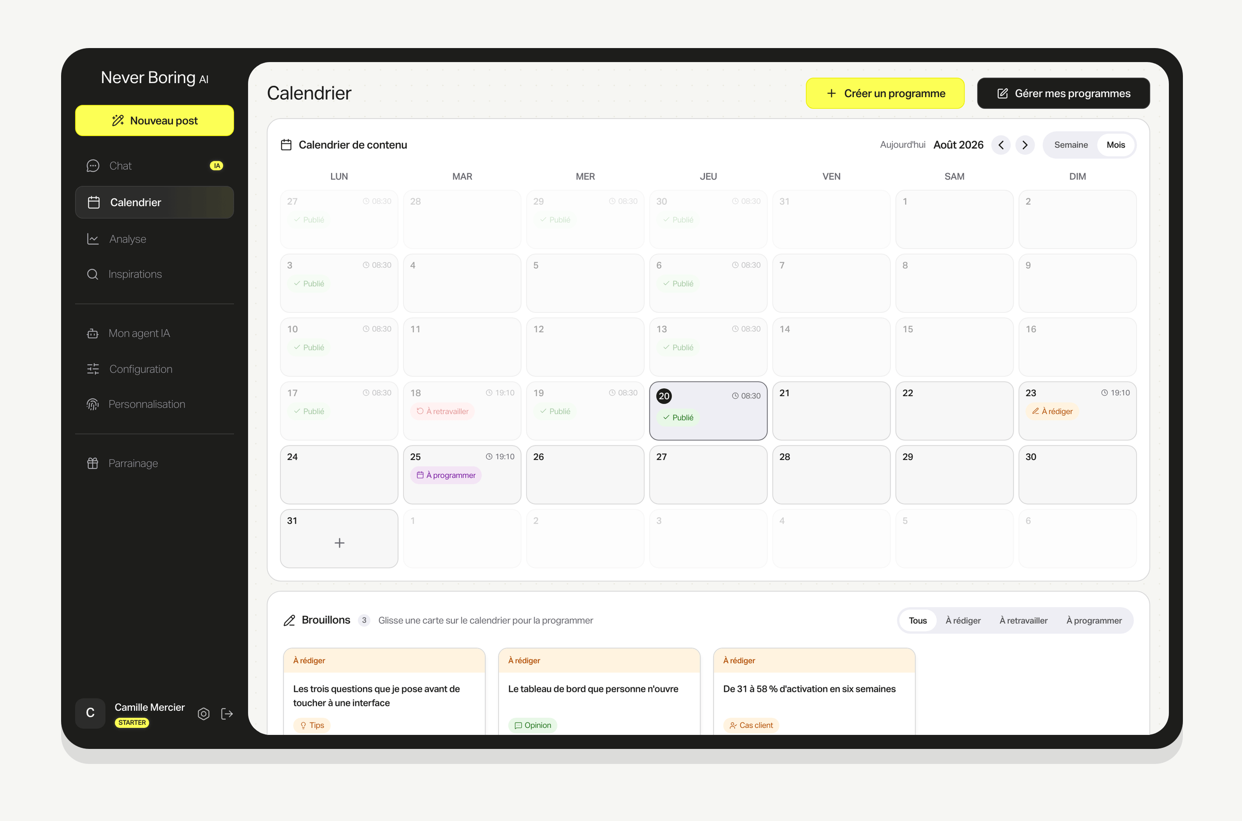 Le calendrier de Never Boring AI en vue mois, avec les posts déjà publiés