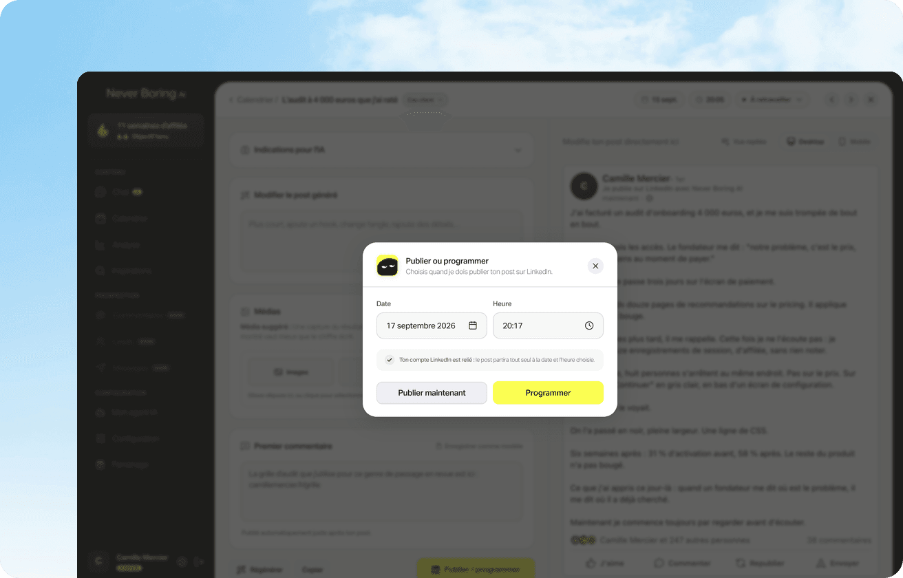 Fenêtre Publier ou programmer de Never Boring AI : choix de la date et de l'heure, compte LinkedIn relié, boutons Publier maintenant et Programmer, au-dessus d'un post en cours d'écriture.