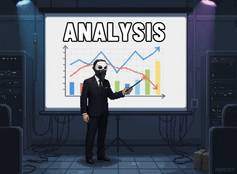 Personnage en pixel art, en costume sombre, qui pointe avec une baguette un graphique en courbes et en barres projeté sous le mot ANALYSIS.
