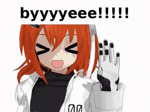 Personnage animé aux cheveux roux qui fait un signe d'au revoir de la main, avec le texte « byyyyeee!!!!! ».