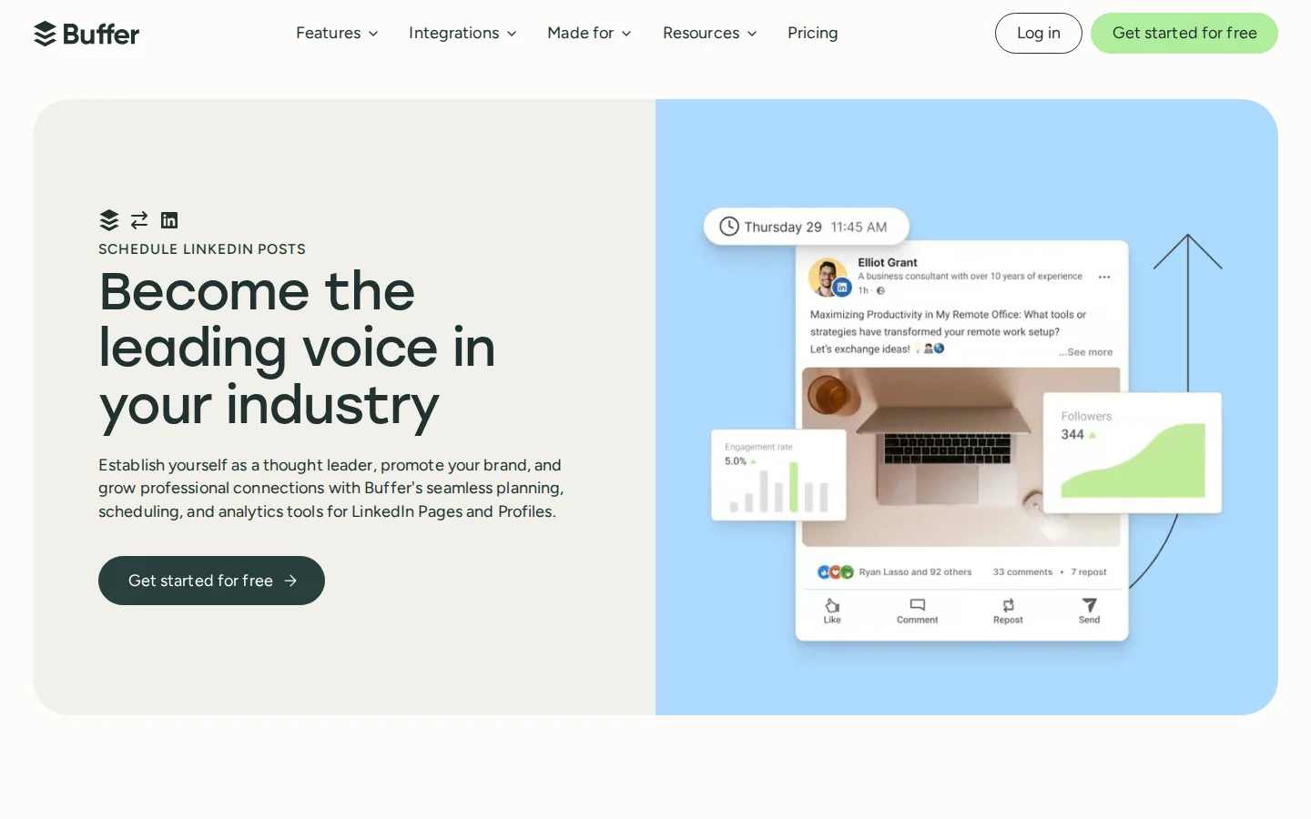 Buffer's LinkedIn page, headlined Become the leading voice in your industry, with a mock LinkedIn post scheduled for Thursday at 11:45 AM.