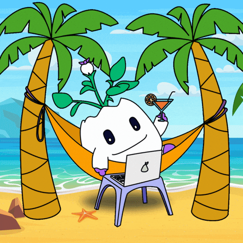 Small cartoon character lounging in a hammock between two palm trees, cocktail in hand, with a laptop in front of it.