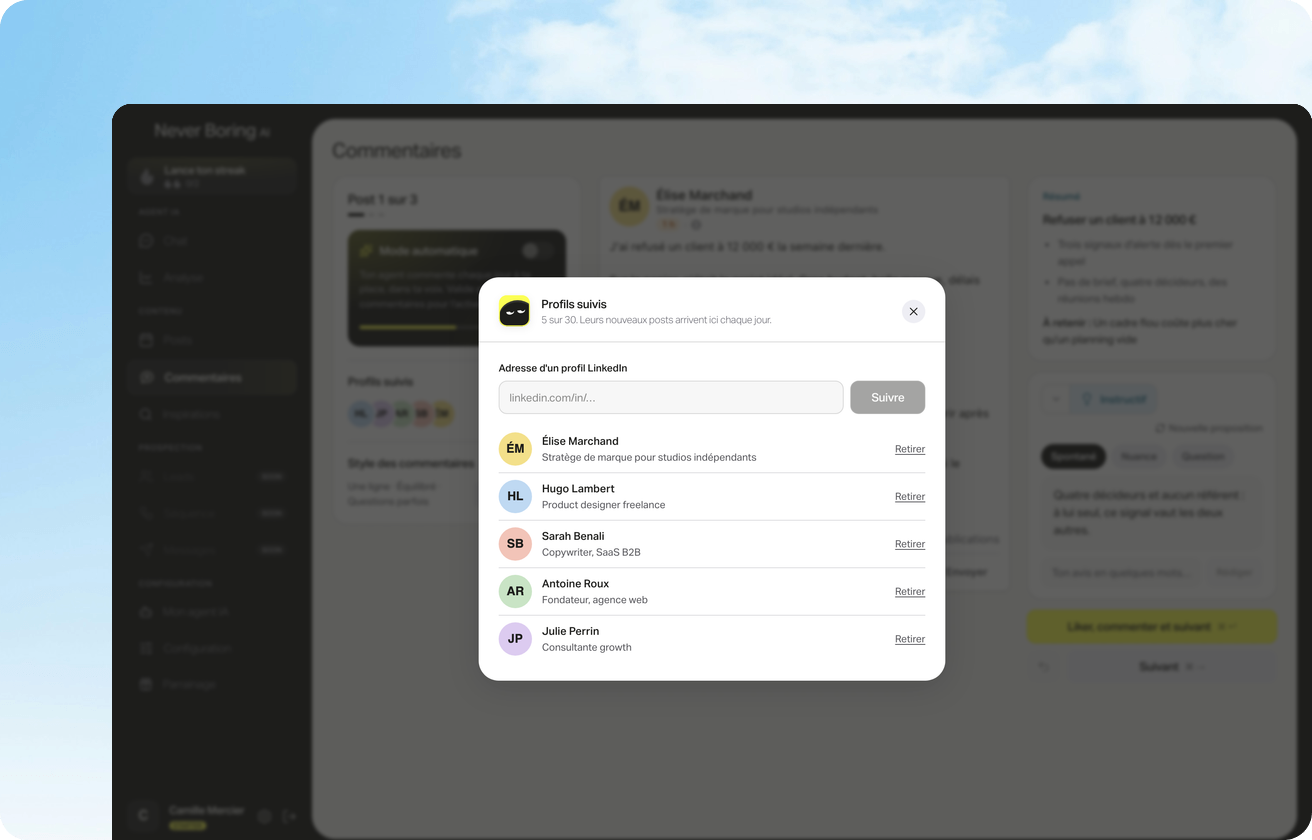 Écran des profils suivis dans Never Boring AI : la liste des profils LinkedIn choisis par l'utilisateur pour commenter leurs nouveaux posts.