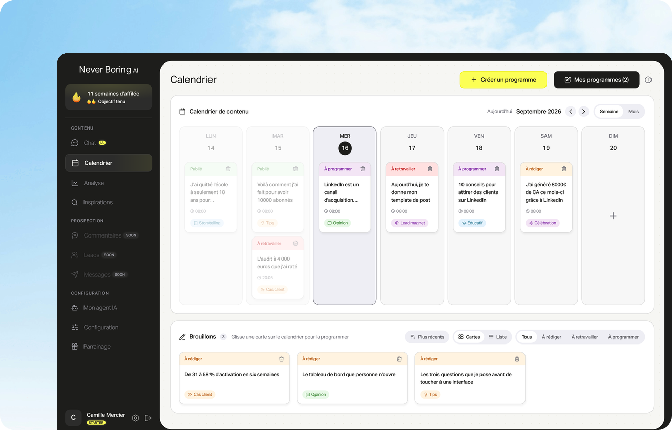 A content plan in Never Boring AI: the planned posts, their topics and their publishing dates.